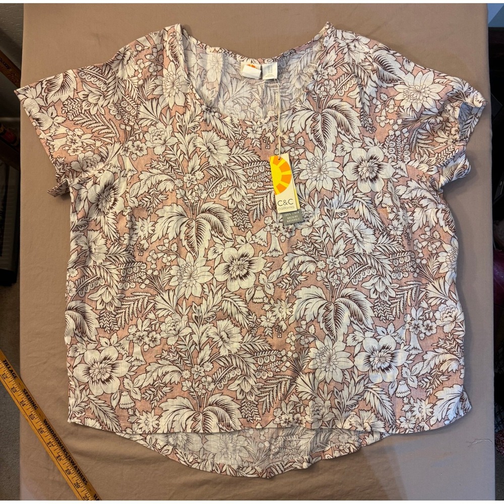 C&C California Women's 1X Linen Short Sleeve Blouse Rust Tropical Vacation Offic